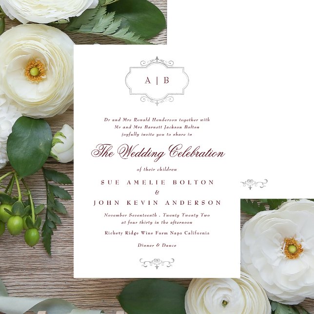 Invitación boda de monograma clásico maroon burgundy silver (Subido por el creador)