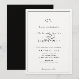 Invitación Boda de monograma clásico Minimalista negro y blan