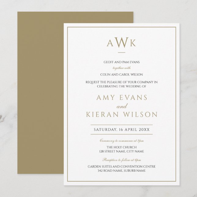 Invitación Boda de Monograma Clásico Romántico Elegante Oro (Anverso / Reverso)