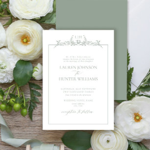 Invitación Boda de Monograma con Borde Floral Verde Salvia Fo