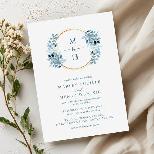 Invitación Boda de Monograma con Corona de Verdor en Azul Pol