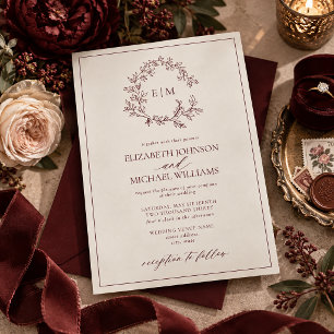 Invitación Boda de Monograma con Cresta de Hoja de Marfil de