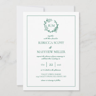Invitación Boda de Monograma con Cresta Floral Elegante