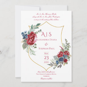 Invitación Boda de monograma con Escudo magenta floral vintag