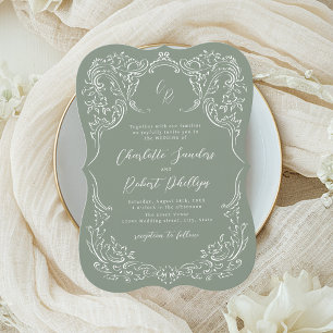 Invitación Boda de Monograma con Flores Vintage Dibujadas a M