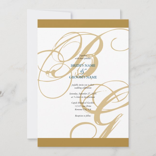 Invitación Boda de Monograma con guión elegante azul dorado (Anverso)