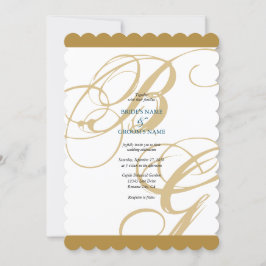 Invitación Boda de Monograma con guión elegante azul dorado
