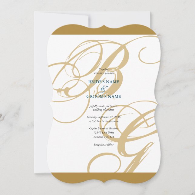 Invitación Boda de Monograma con guión elegante azul dorado (Anverso)