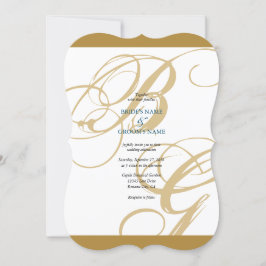 Invitación Boda de Monograma con guión elegante azul dorado