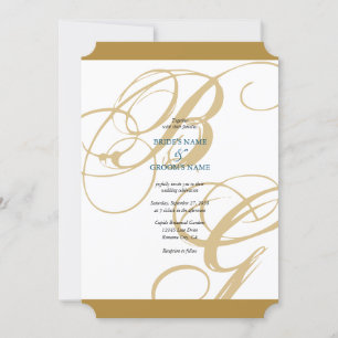 Invitación Boda de Monograma con guión elegante azul dorado