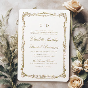 Invitación Boda de monograma con marco de vintage dorado clás