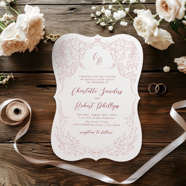Invitación Boda de Monograma con sabor a vinagre rosado (Pink Sketched Vintage Flourish Monogram Wedding Invitation)