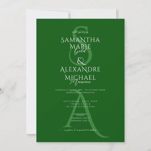 Invitación Boda de monograma contemporáneo con guión verde es (Anverso)
