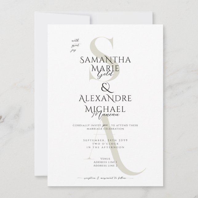 Invitación Boda de monograma contemporáneo de escritura en bl (Anverso)