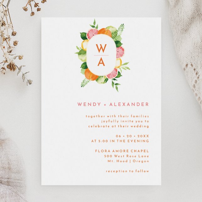 Invitación Boda de Monograma de acuarela de cítricos (Subido por el creador)