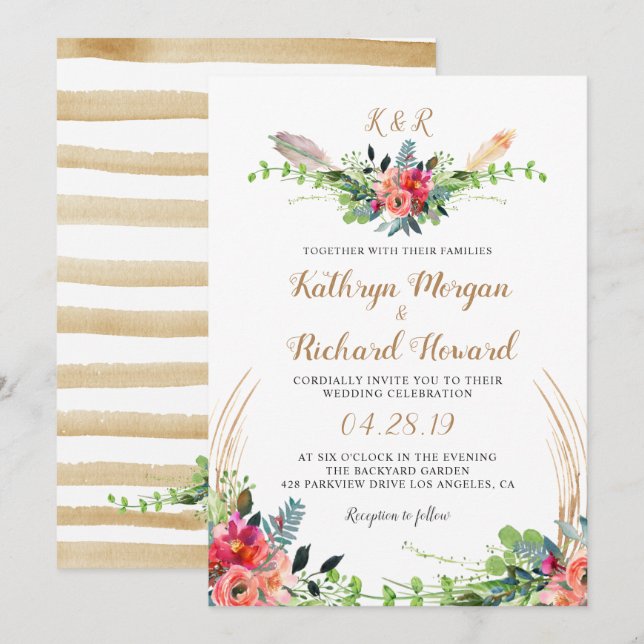 Invitación Boda de monograma de acuarela floral de bohemia rú (Anverso / Reverso)