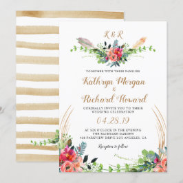 Invitación Boda de monograma de acuarela floral de bohemia rú