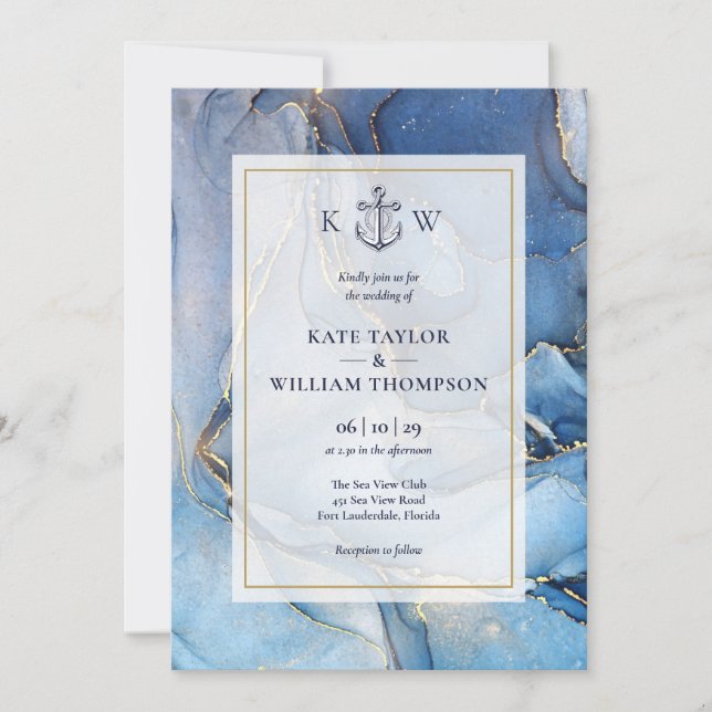 Invitación Boda De Monograma De Agentes De Oro Y Azul Náutico (Anverso)