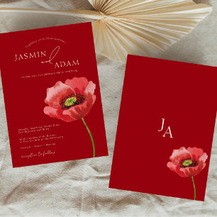 Invitación Boda de Monograma de Amapola Roja Carmesí Elegante