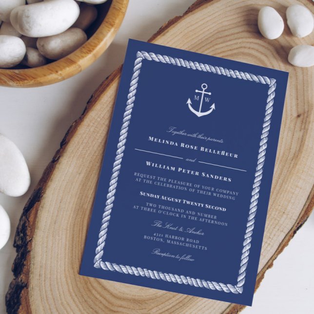 Invitación Boda de Monograma de Ancla Blanca Azul Náutico (Subido por el creador)