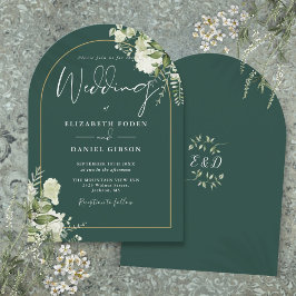Invitación Boda de monograma de arco dorado con vegetación ve