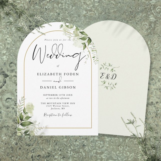 Invitación Boda de monograma de arco floral de verde rústico  (Rustic Greenery Floral Gold Arch Monogram Wedding Invitation)