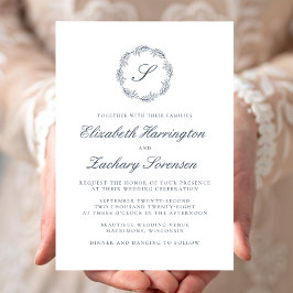 Invitación Boda de Monograma de Azul Índigo en Letra Script