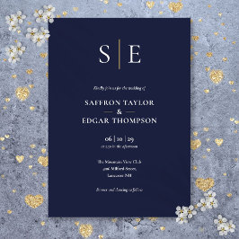 Invitación Boda de Monograma de Azul Marino y Dorado