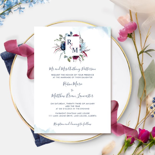 Invitación Boda de monograma de Berry, Borgoña y Floral Azul (Subido por el creador)