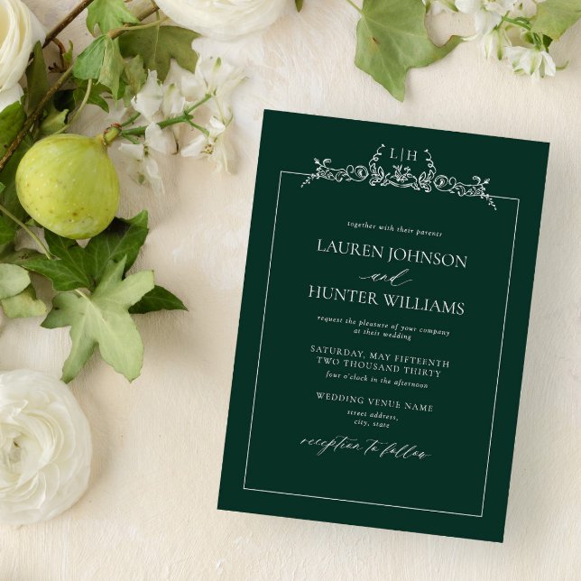 Invitación Boda de monograma de borde floral verde esmeralda (Subido por el creador)