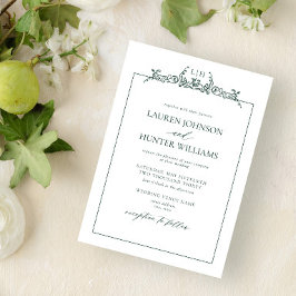 Invitación Boda de monograma de borde floral verde esmeralda