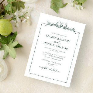 Invitación Boda de monograma de borde floral verde esmeralda