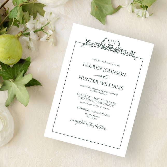 Invitación Boda de monograma de borde floral verde esmeralda (Subido por el creador)