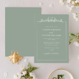 Invitación Boda de monograma de borde floral verde sabio