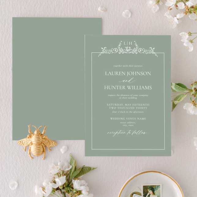 Invitación Boda de monograma de borde floral verde sabio (Subido por el creador)