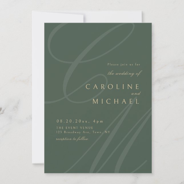 Invitación Boda de monograma de caligrafía clásica verde y do (Anverso)