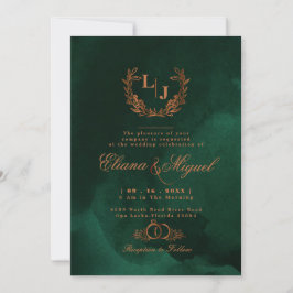 Invitación Boda de monograma de caligrafía de cobre esmeralda