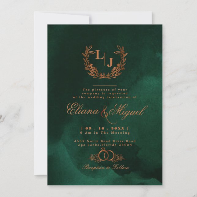 Invitación Boda de monograma de caligrafía de cobre esmeralda (Anverso)