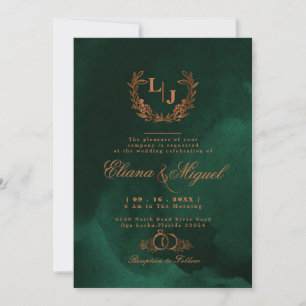 Invitación Boda de monograma de caligrafía de cobre esmeralda