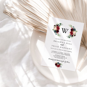 Invitación Boda de monograma de caligrafía rugiana de borgoña