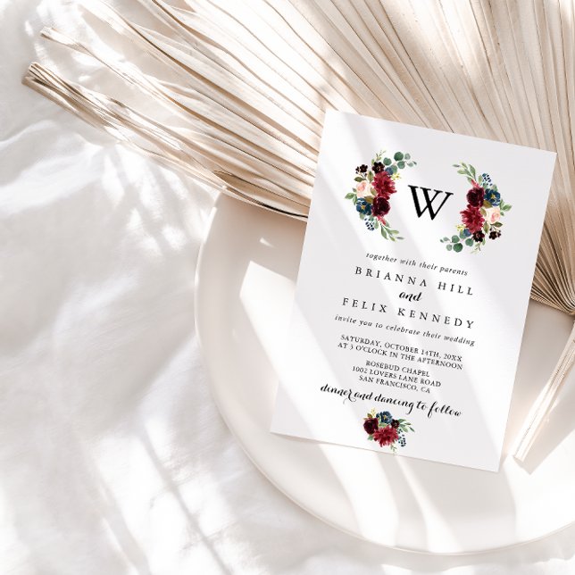 Invitación Boda de monograma de caligrafía rugiana de borgoña (Subido por el creador)