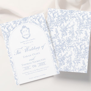 Invitación Boda de Monograma de Chinoisería Floral Azul y Bla