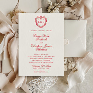 Invitación Boda de Monograma de Cima Romántico Rojo Vintage