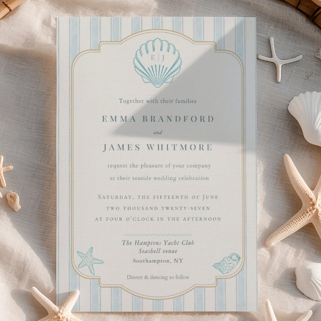 Invitación Boda de Monograma de Concha de Mar Costera con Ray (Subido por el creador)