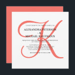 Invitación Boda de monograma de coral clásico<br><div class="desc">Estas elegantes invitaciones nupciales muestran su monograma en un texto amplio y moderno de color coral de moda sobre un fondo blanco. Un estilo sencillo y elegante para su boda moderno.</div>
