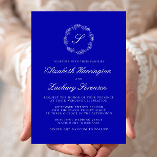 Invitación Boda de Monograma de Corona Azul Real con Guirnald