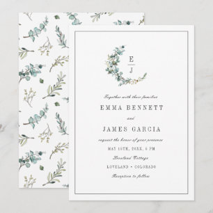 Invitación Boda de monograma de corona de eucalipto con acuar
