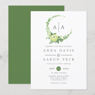 Invitación Boda de Monograma de Corona de Vegetación Acuarela