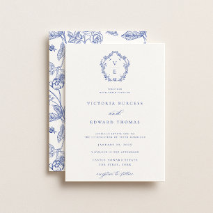 Invitación Boda de Monograma de Cresta Azul Regencia
