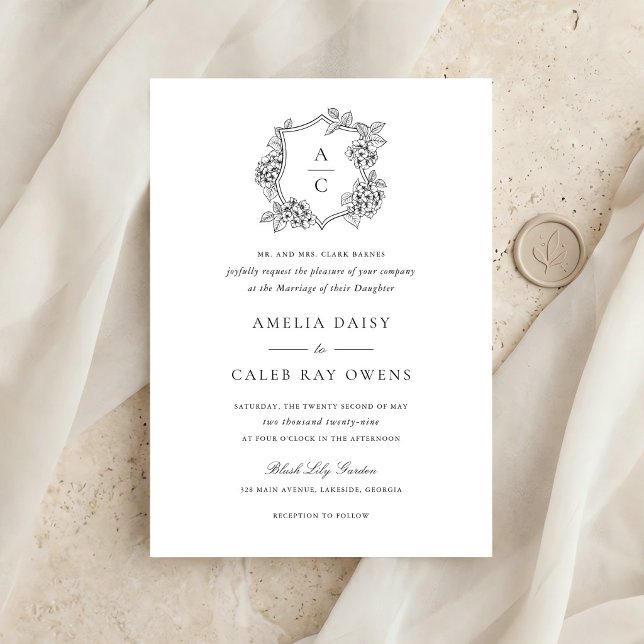 Invitación Boda de monograma de cresta de hortensia elegante  (Subido por el creador)